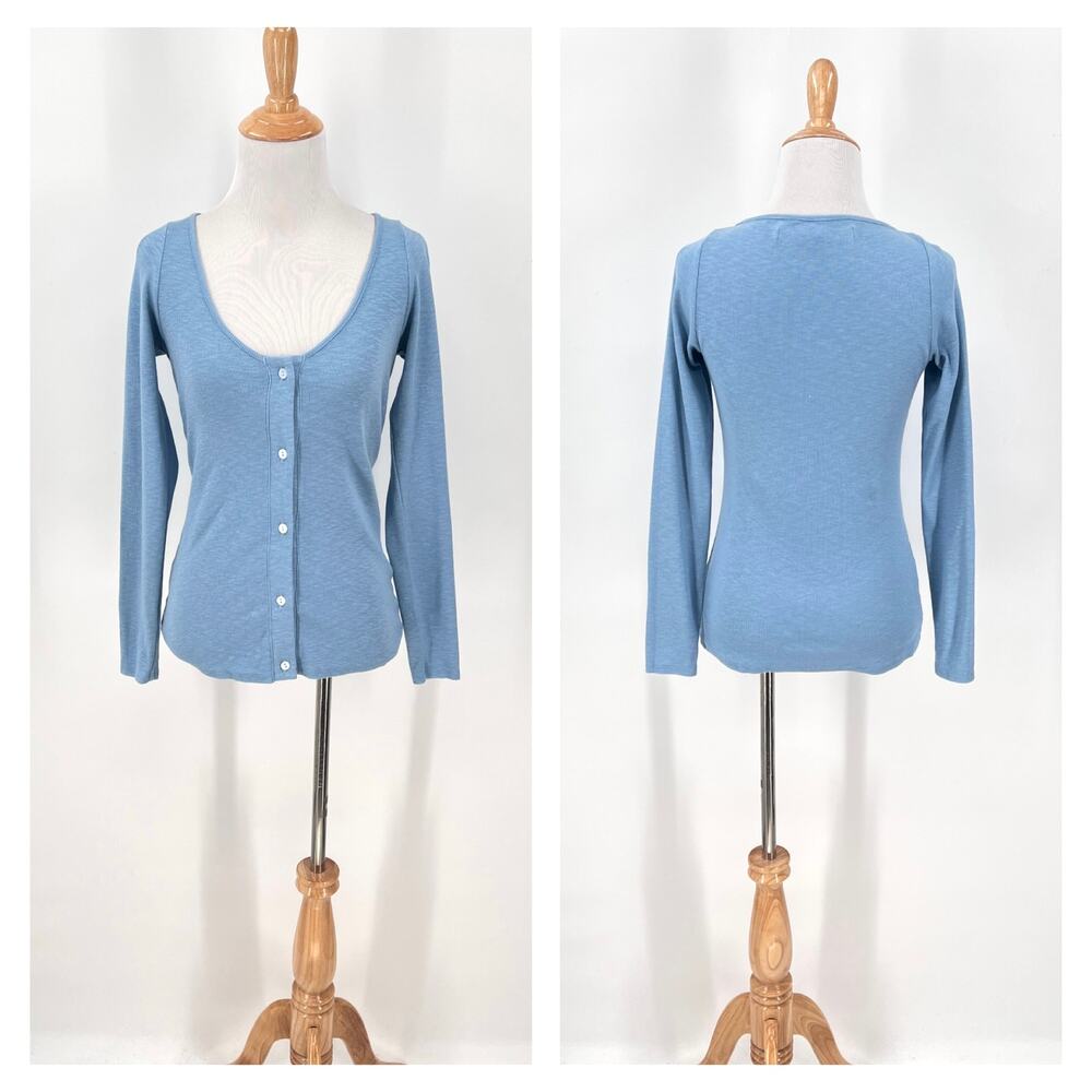 RENZA COSTA Textured Knit Long Sleeve Cardigan Top Womens Medium Blue Scoop Neck